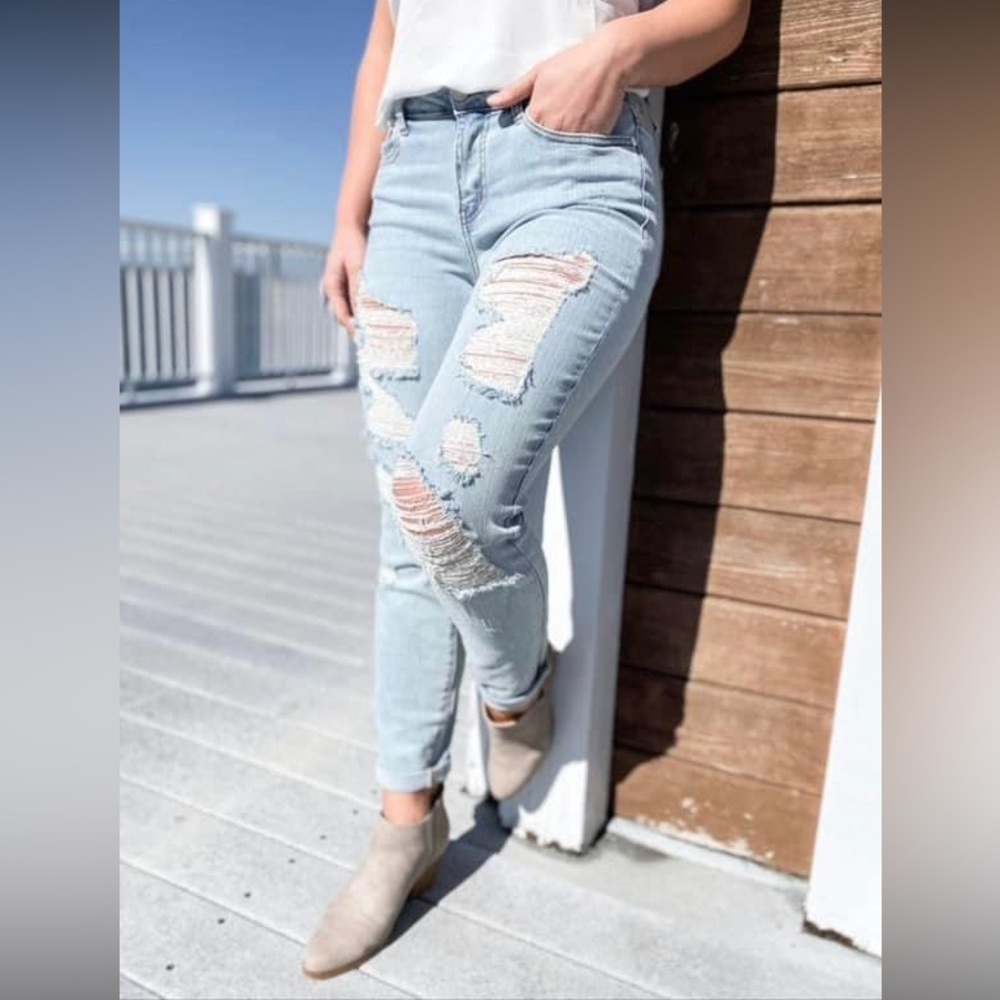 Judy Blue boardwalk, blues, mid rise, distressed, boyfriend, jeans, plus